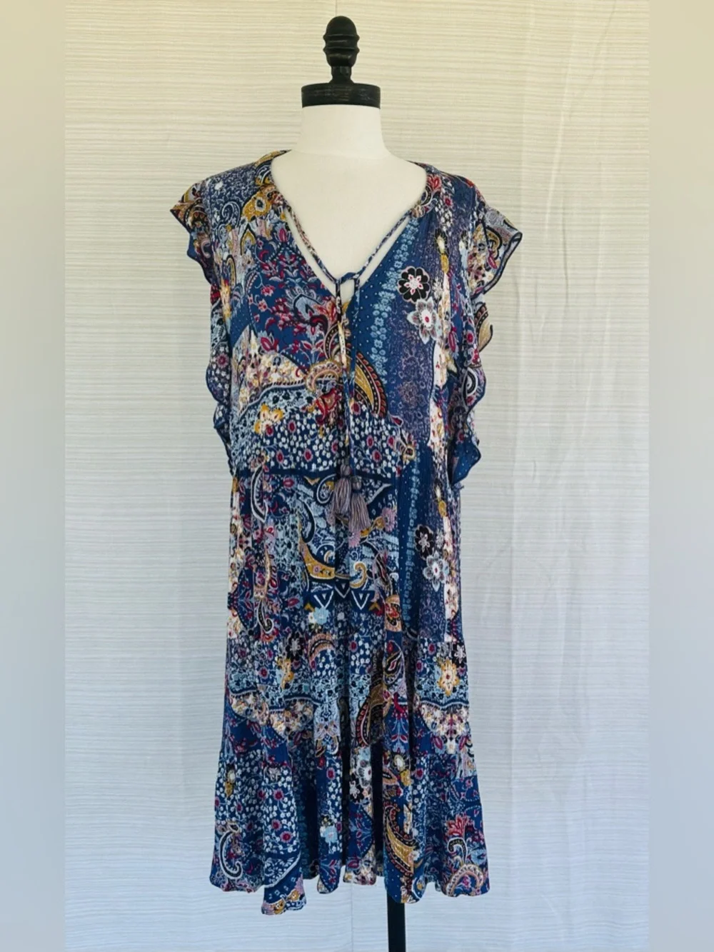 Knox Rose Navy Blue Floral Tassel Peasant Dress - Picture 1 of 17